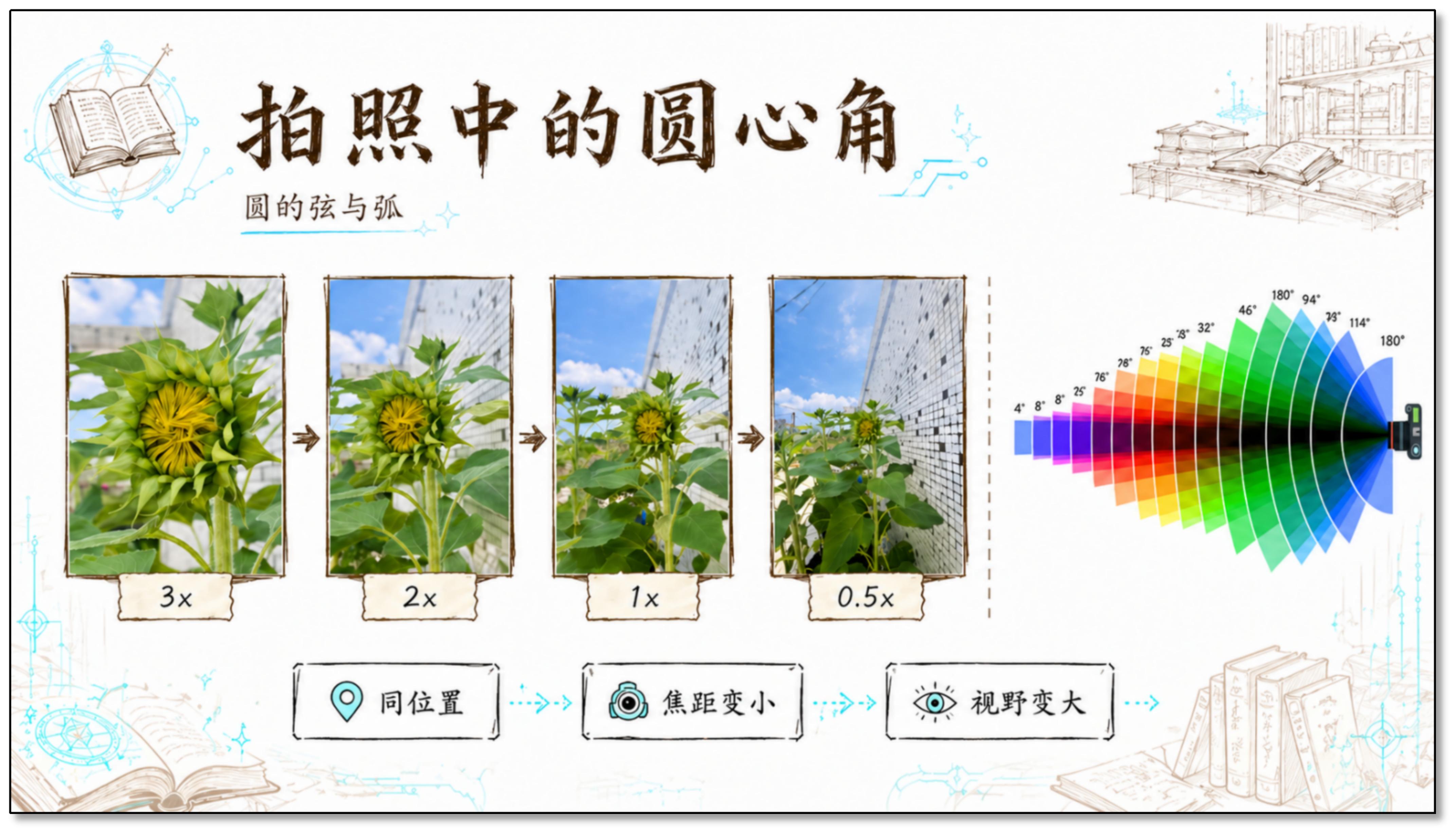 拍照中的圆心角——同一位置不同焦距（3x/2x/1x/0.5x）拍摄向日葵的对比图，右侧展示视角对应的扇形圆心角变化