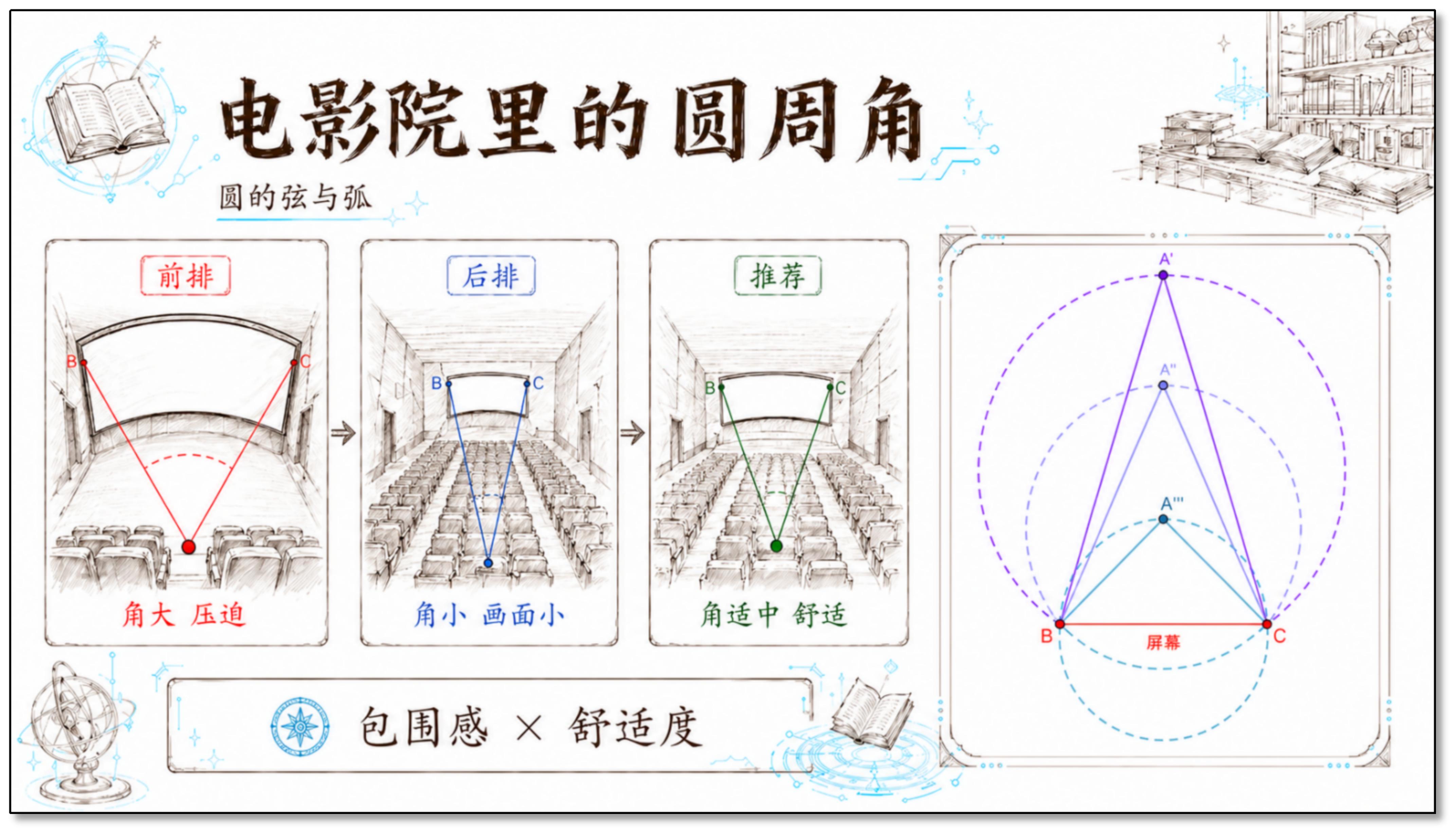电影院里的圆周角——前排（角大压迫）、后排（角小画面小）、推荐位置（角适中舒适）的对比，以及圆周角∠BA′C、∠BA′′C、∠BA′′′C的几何示意图
